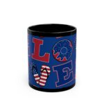 Patriotic "LOVE" Black Coffee Mug — Americana Donut & Flag Flip-Flop Design (11oz/15oz)